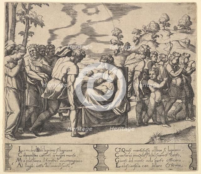 Plate 5: Psyche carried on a litter, from the 'Fable of Cupid and Psyche', 1530-60. Creator: Master of the Die.