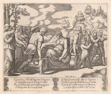 Plate 5: Psyche, seated, being taken to a mountain with a musical troupe lead the way, ..., 1530-60. Creator: Master of the Die