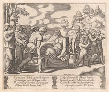 Plate 5: Psyche, seated, being taken to a mountain with a musical troupe lead the way, ..., 1530-60. Creator: Master of the Die