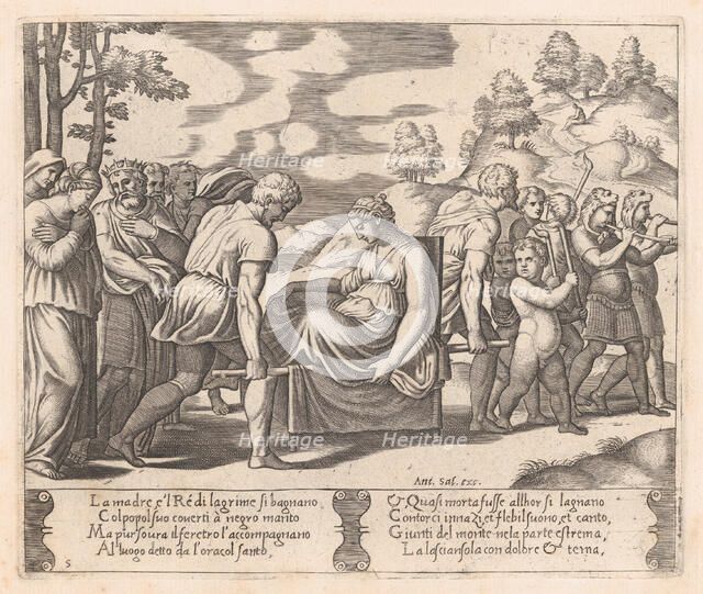 Plate 5: Psyche, seated, being taken to a mountain with a musical troupe lead the way, ..., 1530-60. Creator: Master of the Die.