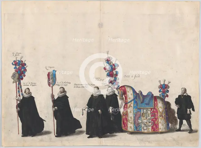 Plate 51: Courtiers with jousting equipment marching in the funeral procession of Archduke..., 1623. Creator: Cornelis Galle I.