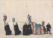 Plate 51: Courtiers with jousting equipment marching in the funeral procession of Archduke..., 1623. Creator: Cornelis Galle I