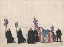 Plate 51: Courtiers with jousting equipment marching in the funeral procession of Archduke..., 1623. Creator: Cornelis Galle I