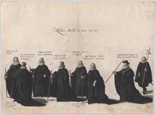 Plate 53: Eight figures marching in the funeral procession of Archduke Albert of Austria; ..., 1623. Creator: Cornelis Galle I