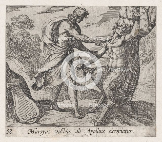 Plate 58: Apollo Killing Marsyas (Marsyas victus ab Apolline excoriatur), from Ovid's 'Met..., 1606. Creator: Antonio Tempesta.