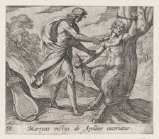 Plate 58: Apollo Killing Marsyas (Marsyas victus ab Apolline excoriatur), from Ovid's Met..., 1606. Creator: Antonio Tempesta