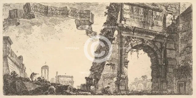 Plate 6: 1. Arch of Titus. 2. Villa Farnese. 3. Columns of the Temple of Jupiter Stato..., ca. 1748. Creator: Giovanni Battista Piranesi.