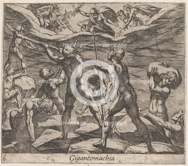 Plate 6: The Giants Attempting to Storm Olympus (Gigantomachia), from Ovid's 'Metamorphose..., 1606. Creator: Antonio Tempesta.