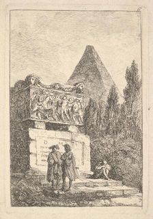 Plate 6: The Sarcophagus: two men conversing to left, another man seated and sleepi..., ca. 1763-64. Creator: Hubert Robert