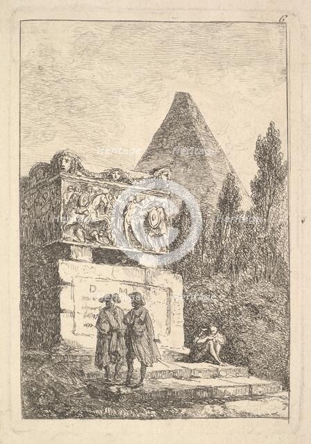 Plate 6: The Sarcophagus: two men conversing to left, another man seated and sleepi..., ca. 1763-64. Creator: Hubert Robert.