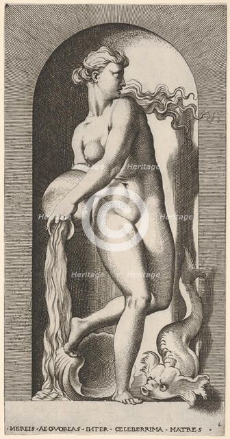 Plate 6: Thetis standing in a niche with a shell and sea creature, pouring water out of a ..., 1526. Creator: Giovanni Jacopo Caraglio.