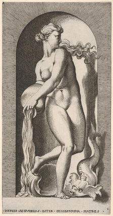 Plate 6: Thetis standing in a niche with a shell and sea creature, pouring water out of a ..., 1526. Creator: Giovanni Jacopo Caraglio