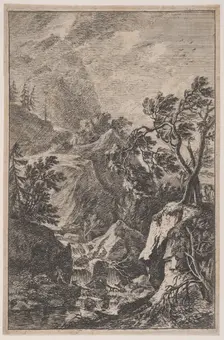 Plate 6: two male figures standing on a rock at right, a waterfall at center with a..., ca. 1700-25. Creator: Franz Joachim Beich