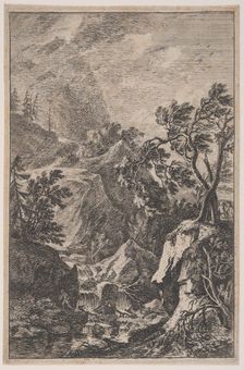 Plate 6: two male figures standing on a rock at right, a waterfall at center with a..., ca. 1700-25. Creator: Franz Joachim Beich