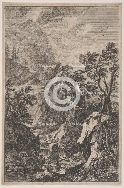 Plate 6: two male figures standing on a rock at right, a waterfall at center with a..., ca. 1700-25. Creator: Franz Joachim Beich.