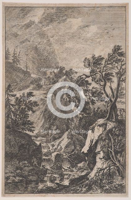 Plate 6: two male figures standing on a rock at right, a waterfall at center with a..., ca. 1700-25. Creator: Franz Joachim Beich.