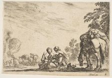 Plate 6: two women, one nursing a child, seated next to a dog and a horse carrying a pack..., 1642. Creator: Stefano della Bella