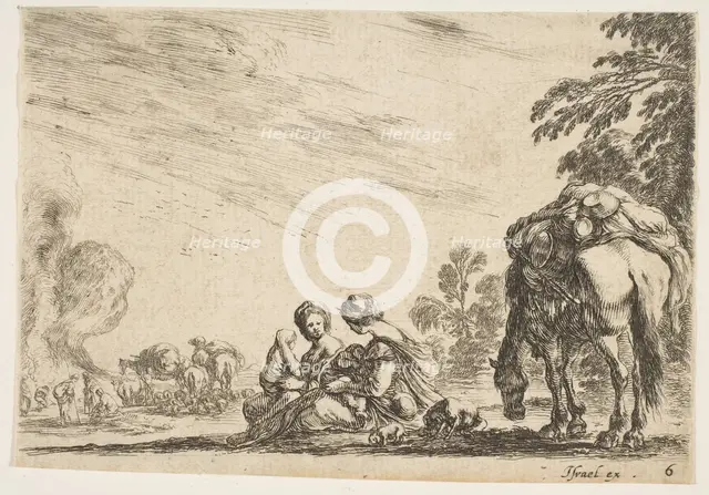 Plate 6: two women, one nursing a child, seated next to a dog and a horse carrying a pack..., 1642. Creator: Stefano della Bella.