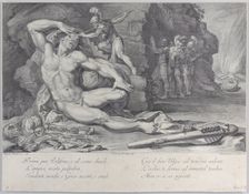 Plate 6: Ulysses driving a burning stake into Polyphemus eye, 1756. Creators: Bartolomeo Crivellari, Domenico Maria Fratta