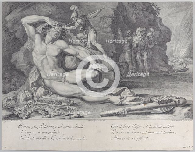 Plate 6: Ulysses driving a burning stake into Polyphemus' eye, 1756. Creators: Bartolomeo Crivellari, Domenico Maria Fratta.