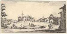 Plate 6: view of a village with a horse trough in center, horses and houses to either s..., 1636-61. Creator: Francois Collignon