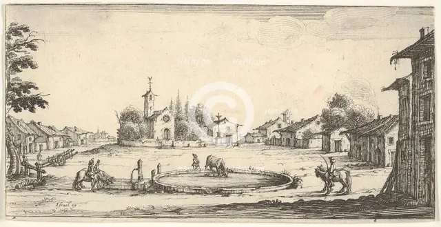 Plate 6: view of a village with a horse trough in center, horses and houses to either s..., 1636-61. Creator: Francois Collignon.