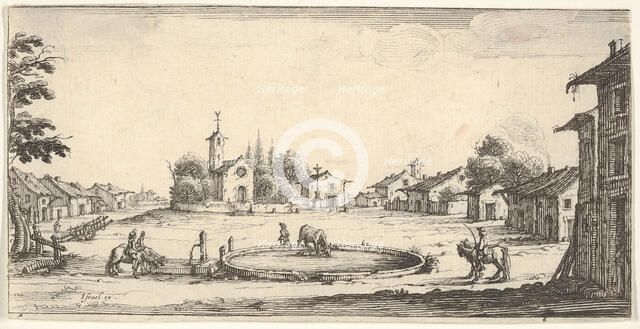 Plate 6: view of a village with a horse trough in center, horses and houses to either s..., 1636-61. Creator: Francois Collignon.