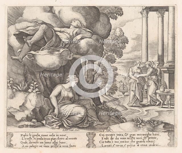 Plate 6: Zephyr carrying Psyche to an enchanted palace, from the Story of Cupid and Psy..., 1530-60. Creator: Master of the Die.