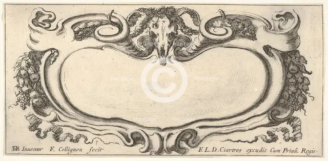 Plate 6: a cartouche with a ram skull at top center, grapes and other fruits to eit..., ca. 1640-45. Creator: Francois Collignon.