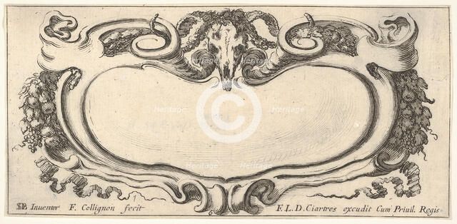 Plate 6: a cartouche with a ram skull at top center, grapes and other fruits to eit..., ca. 1640-45. Creator: Francois Collignon.