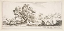 Plate 6: a fisherman carrying a net to left, two horsemen in a stream to right, a tree..., ca. 1641. Creator: Stefano della Bella