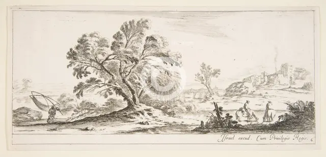 Plate 6: a fisherman carrying a net to left, two horsemen in a stream to right, a tree..., ca. 1641. Creator: Stefano della Bella.