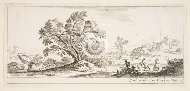 Plate 6: a fisherman carrying a net to left, two horsemen in a stream to right, a tree..., ca. 1641. Creator: Stefano della Bella.