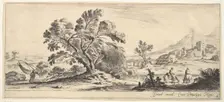 Plate 6: a fisherman carrying a net to left, two horsemen in a stream to right, a tree..., ca. 1641. Creator: Stefano della Bella