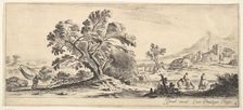 Plate 6: a fisherman carrying a net to left, two horsemen in a stream to right, a tree..., ca. 1641. Creator: Stefano della Bella