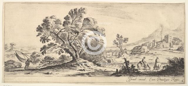 Plate 6: a fisherman carrying a net to left, two horsemen in a stream to right, a tree..., ca. 1641. Creator: Stefano della Bella.