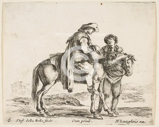 Plate 6: a peasant on horseback in profile facing the right, holding a basket and t..., ca. 1644-47. Creator: Stefano della Bella.
