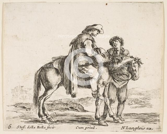 Plate 6: a peasant on horseback in profile facing the right, holding a basket and t..., ca. 1644-47. Creator: Stefano della Bella.
