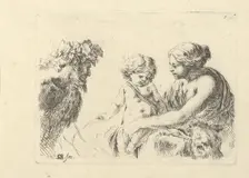Plate 6: a woman at right holding her child who is sitting atop a donkey, a satyr at l..., ca. 1646. Creator: Stefano della Bella