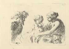 Plate 6: a woman at right holding her child who is sitting atop a donkey, a satyr at l..., ca. 1646. Creator: Stefano della Bella