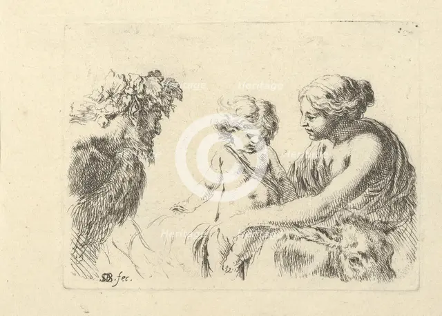 Plate 6: a woman at right holding her child who is sitting atop a donkey, a satyr at l..., ca. 1646. Creator: Stefano della Bella.
