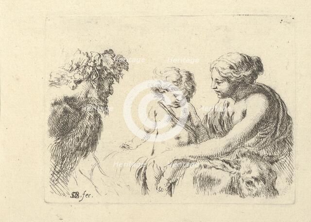 Plate 6: a woman at right holding her child who is sitting atop a donkey, a satyr at l..., ca. 1646. Creator: Stefano della Bella.