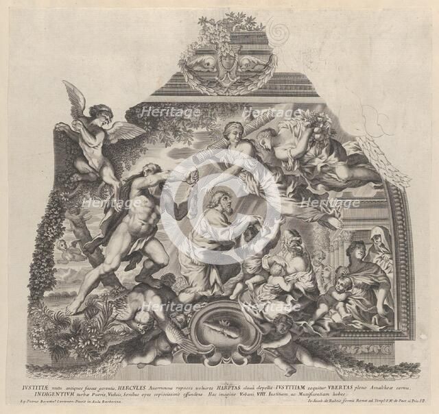 Plate 6: Allegory with Hercules chasing off the Harpies as Justice and Plenty aid the ..., ca. 1677. Creator: Anon.