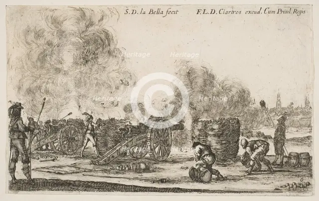 Plate 6: battery of cannons firing on a city, from 'Various Military Caprices' (Varii ..., ca. 1641. Creator: Stefano della Bella.