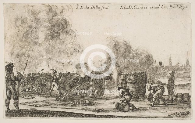 Plate 6: battery of cannons firing on a city, from 'Various Military Caprices' (Varii ..., ca. 1641. Creator: Stefano della Bella.