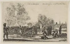 Plate 6: battery of cannons firing on a city, from Various Military Caprices (Varii ..., ca. 1641. Creator: Stefano della Bella