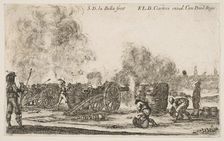 Plate 6: battery of cannons firing on a city, from Various Military Caprices (Varii ..., ca. 1641. Creator: Stefano della Bella