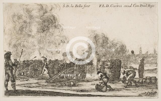 Plate 6: battery of cannons firing on a city, from 'Various Military Caprices' (Varii ..., ca. 1641. Creator: Stefano della Bella.