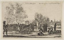 Plate 6: battery of cannons firing on a city, from Various Military Caprices (Varii ..., ca. 1641. Creator: Stefano della Bella