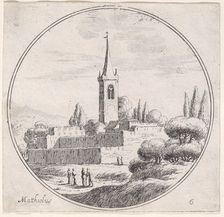Plate 6: church steeple at center, with groups of people standing in a landscape belo..., 1680-1747. Creator: Lodovico Mattioli